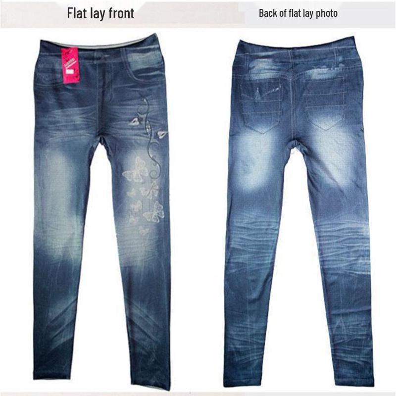 Imitation-Denim-Leggings mit Schmetterlingsdruck und Po-Lifting für Damen - Super elastisch, Neun-Punkt-Länge