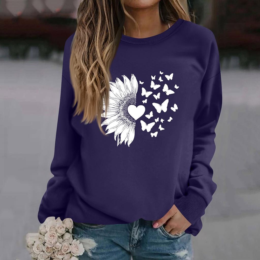 Damenmode Lässig Langarm Einfarbig Bedruckt Rundhals Oberteil Sweatshirt