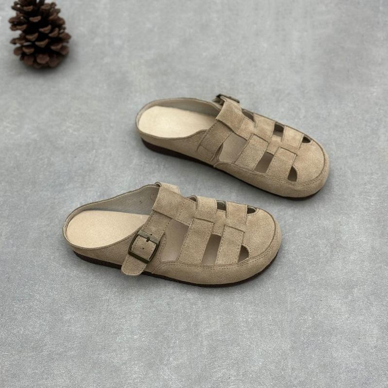 

Тапочки из натуральной кожи Летние шлепанцы Плоская подошва с круглым носком Тканые туфли Полутапочки из коровьей кожи 40 абрикосовый