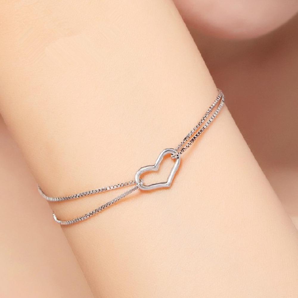 Heart Shaped Bracelet Double Line Love Diamond Plated White Gold Elegant Jewelry Gift for Her
