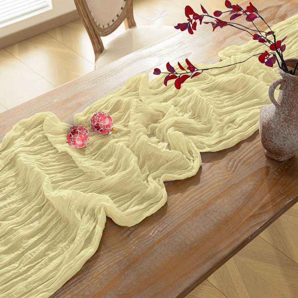 Baccessor 2 Pack Beige Cheesecloth Table Runner 35x120 Inch, 10ft Ivory Gauze Table Runner, Boho Rustic Sheer Cheese Cloths Runner for Wedding Baby