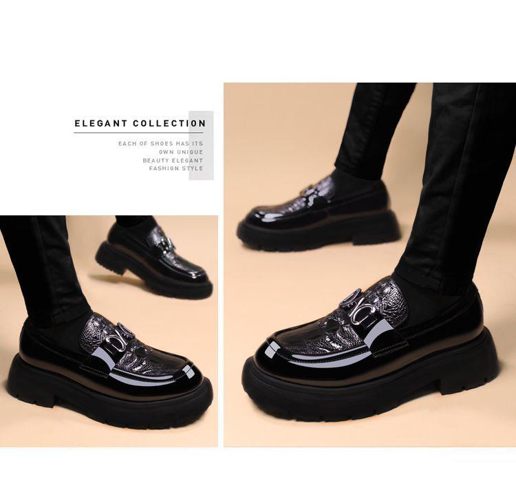 Men's Black Patent Leather Formal Shoes: High-End, Thick Sole, Height-Increasing, Breathable, Casual, Handcrafted.
