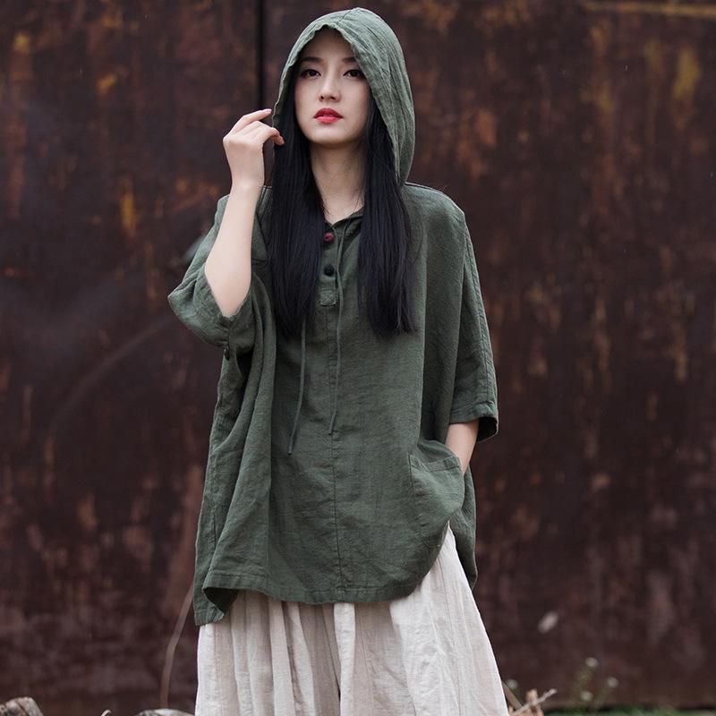 Women's Cotton Linen Hooded Frog Button T-shirt - Autumn/Winter Short Sleeve Sun Protection