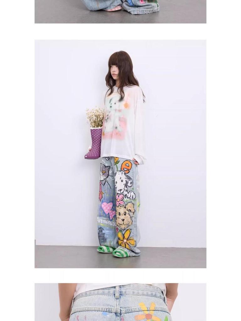 Men's Spring Retro Graffiti Print Wide-Leg Jeans: Casual, Cool, Loose-Fit