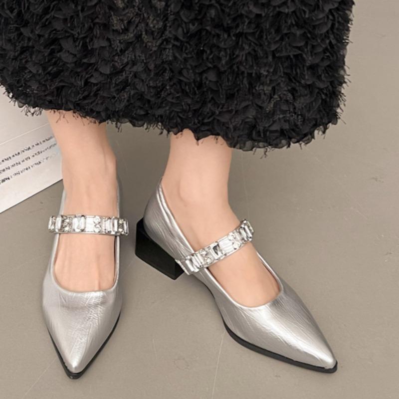 Fashion Square Heels Single Shoes Summer New Pointed Head Shallow Mouth Crystal Buckle Line with Anti-slip Wear-resistant Heel Shoes