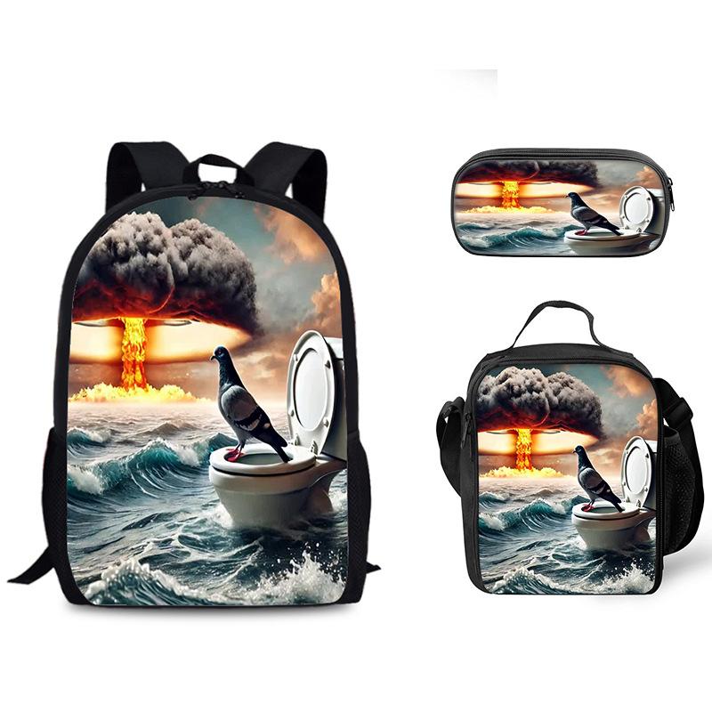 Luxus Beliebt Lustig Neuheit Taube auf Toilette 3D Druck 3Stück/Set Schüler Schultaschen Laptop Tagesrucksack Rucksack Lunchtasche Federmäppchen