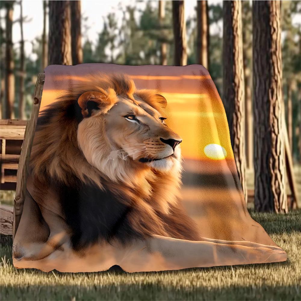 1pc Lion Safari Print Print Outdoor Blanket, Lightweight Polyester,