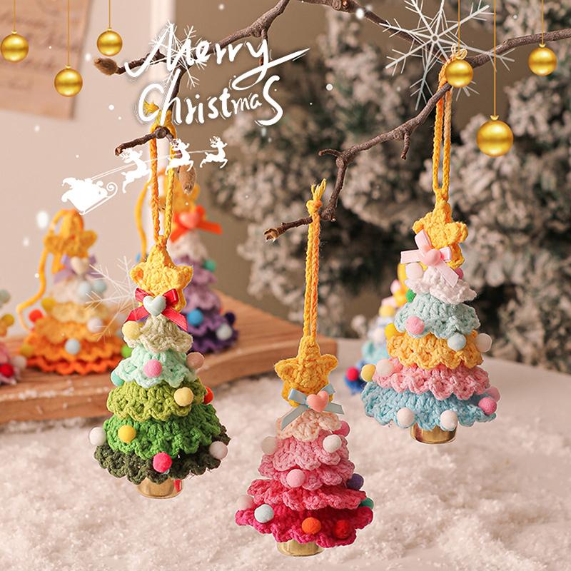 Knitted Christmas Tree With Jingle Bell Plush Christmas Hanging Pendant Wool Crochet Christmas Tree For Christmas Party Decor