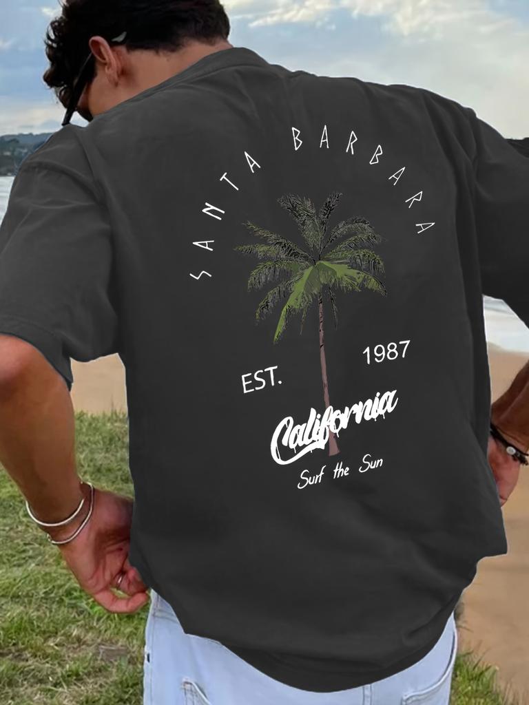 New Mens Vacation Coconut Tree Letter Printed Comfortable Breathable Round Neck Tshirt Summer Outdoor Casual Top