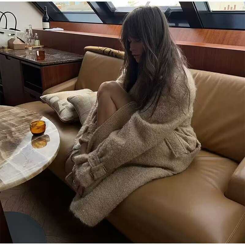 Women's Autumn Elegant Chic  Retro Double-Breasted Woolen Long Coats Women Casual Lapel Pockets Maxi Coat with Belt  Street Outwear