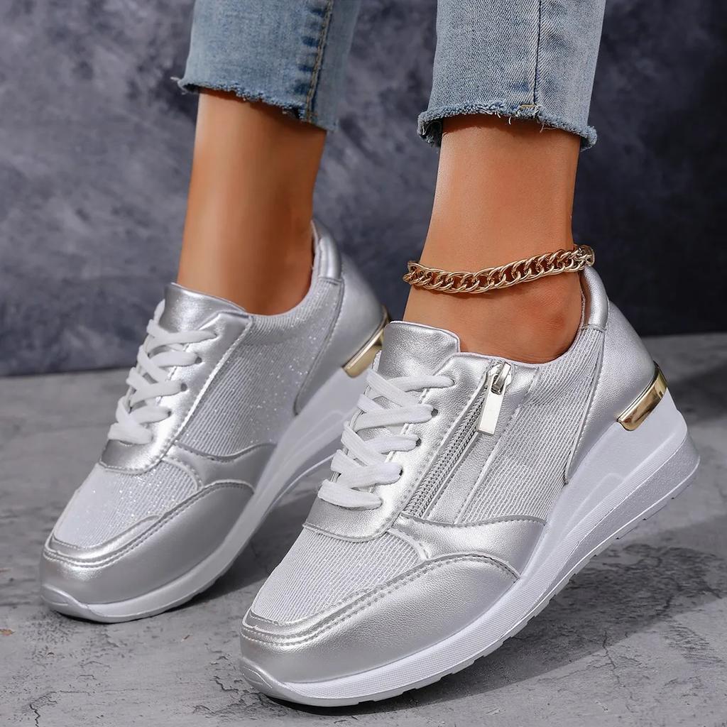 2026 New Large Size Women's Sneakers Spring Autumn Slope Heel Side Zipper Footwear Thick Bottom Lace Up Casual Sports Shoes