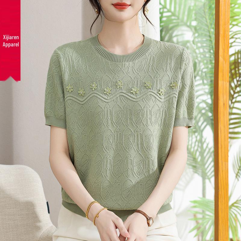 Stylish Round Neck Jacquard Ice Silk Knit Top for Mothers - Short Sleeve Summer Wear for Middle-aged and Elderly