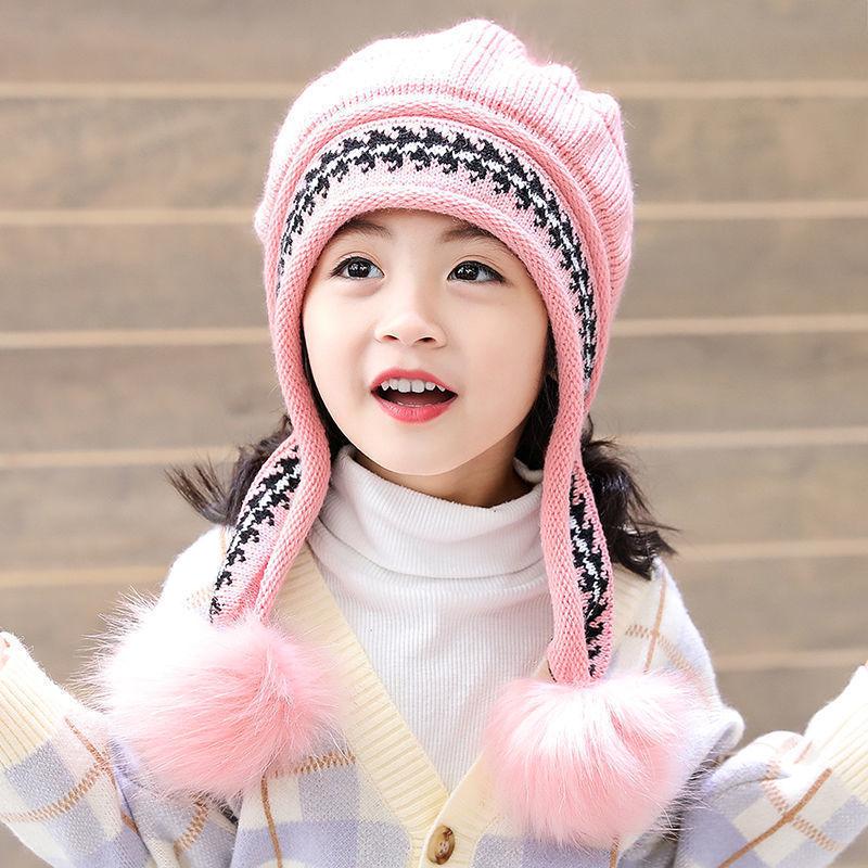Parent-child children's hats winter cute girls' princess hats autumn and winter fleece warm knitted ear hats wool hats