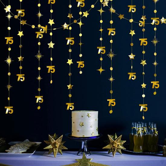 Gold 75th Birthday Decorations Number 75 Circle Dot Twinkle Star Garland Metallic Hanging Streamer Bunting Banner Backdrop for 75 Year Old Birthday