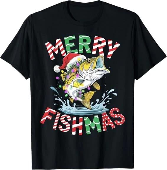 Men s and Women s T-shirts Merry Fishmas Santa Fishing Funny Fisherman Christmas Best Tee T-Shirt S-3XL XS