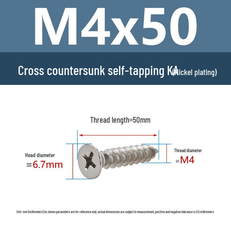 YiguYigu Nickel-Plated Phillips Flat Head Self-Tapping Screws M1-M5, Carbon Steel