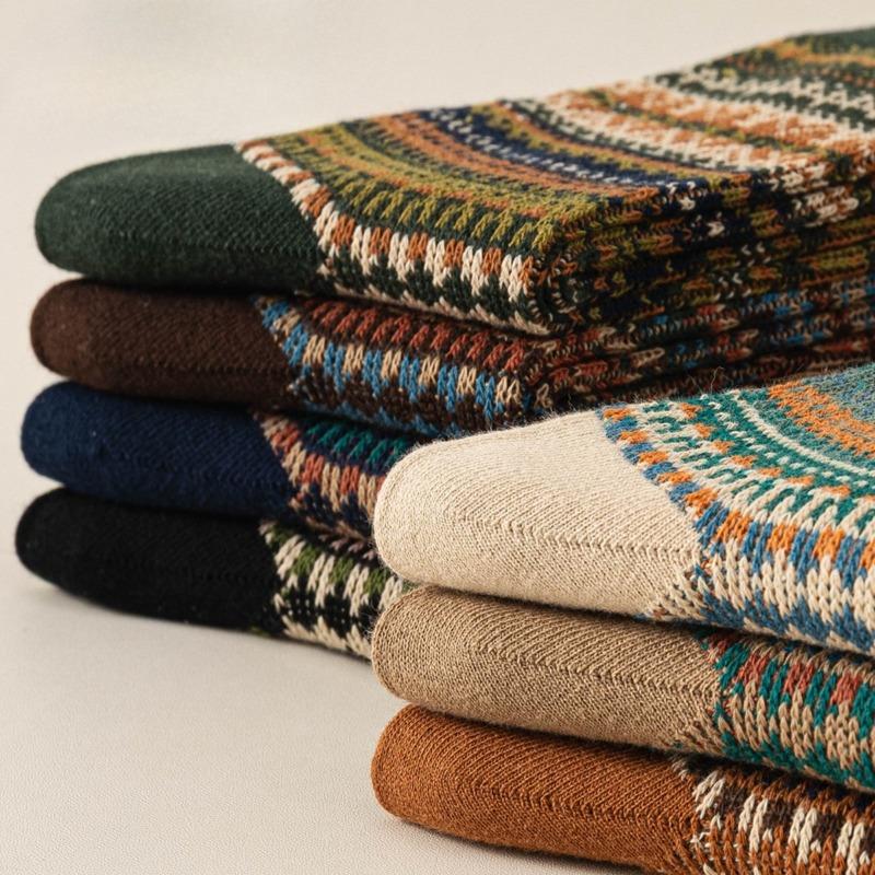 Ethnic-style Socks for Women In Winter, Thickened with Fleece, Warm Striped, Retro Long Tube with Loops, Women's Growth Socks, Cotton Socks