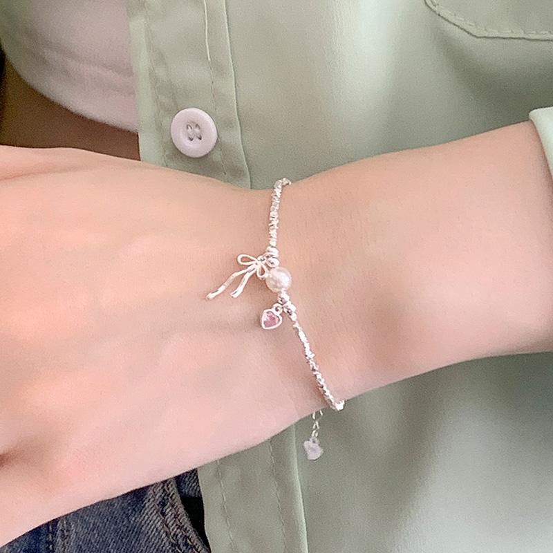 Hot Selling 925 Sterling Silver Fine Jewelry Heart Pink Zircon Shell Pearl Bowknot Bracelet for Women Girls