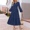 Black V-Neck Long Sleeve Flared Dress with Textured Fabric and Waist Gather