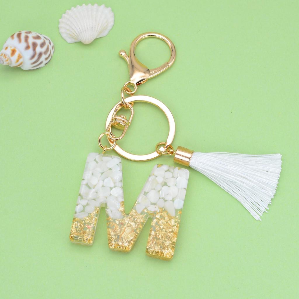Trendy White Tassel Letter Keychain with Crystal Pendant