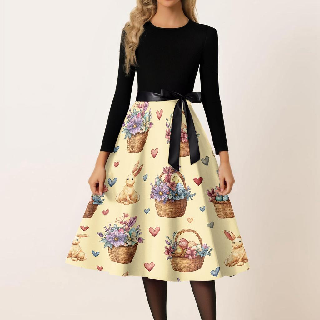 Damen Casual Mode Rundhals Karneval Bedrucktes Vintage Kleid