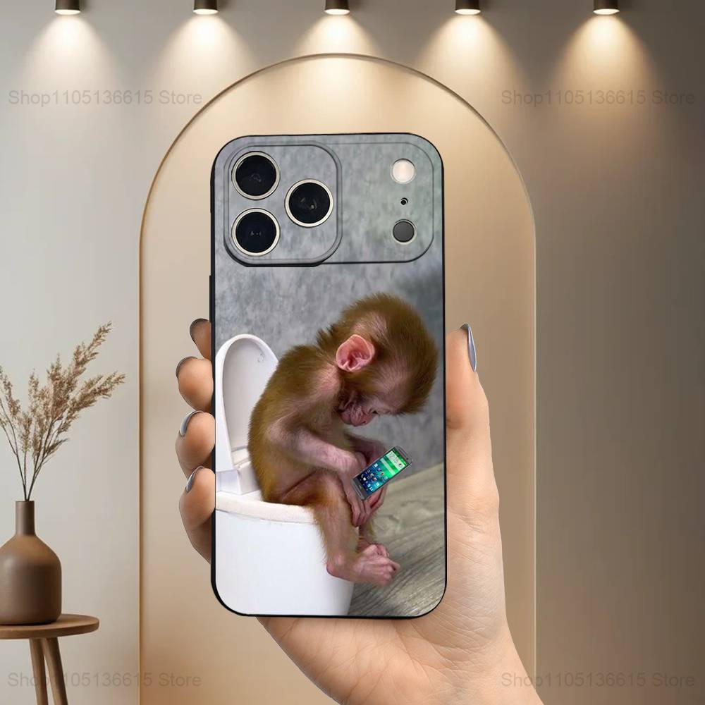 Emoticons Monkey Sipping For iPhone 13,16,11,14,17,12,15,Plus,Pro Max,XS,X,XR,SE,Mini,8,7,Phone Case Soft Silicone Black