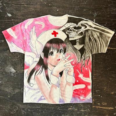 Wzór anime nadrukowany Y2k damska koszulka hip-hopowa gotycka harajuku punkowa luźna swobodna krótka koszulka z kreskówkowym nadrukiem