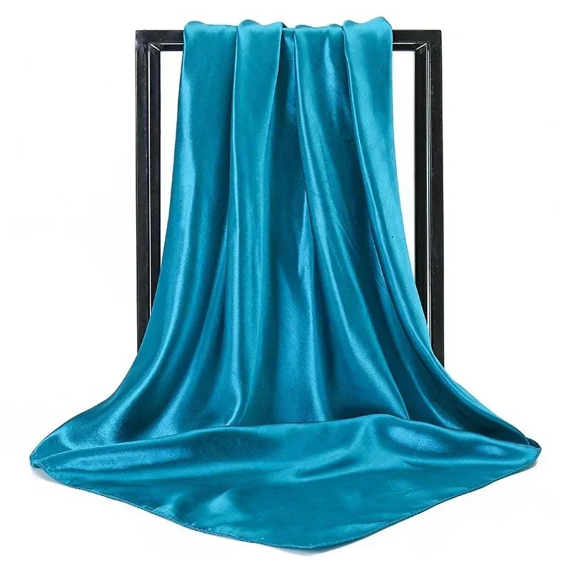 90X90 Satin Silk Scarf Hijab Solid Women Shiny Square Wrap Shawl Head Neck Cover Plain Hair Tie Band Beach Hijab Female Foulard