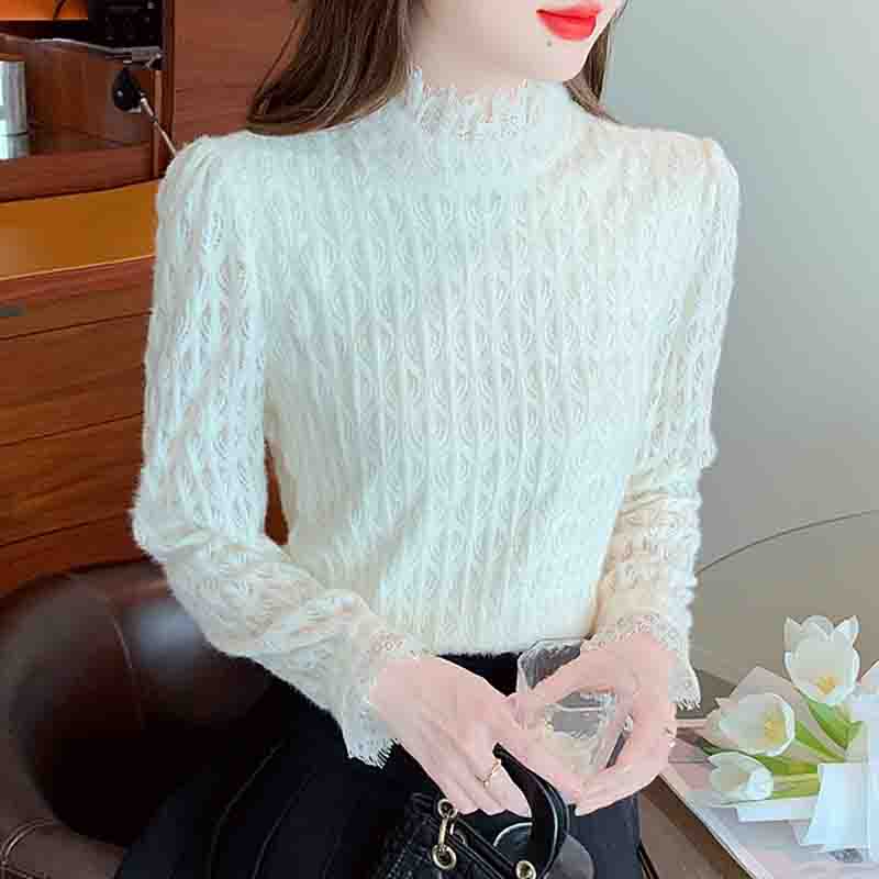 Winter Fashion New 2024 Long Sleeve Stand Collar Apricot Velvet Lace Blouse Shirt Women Tops Blouses Shirts J784