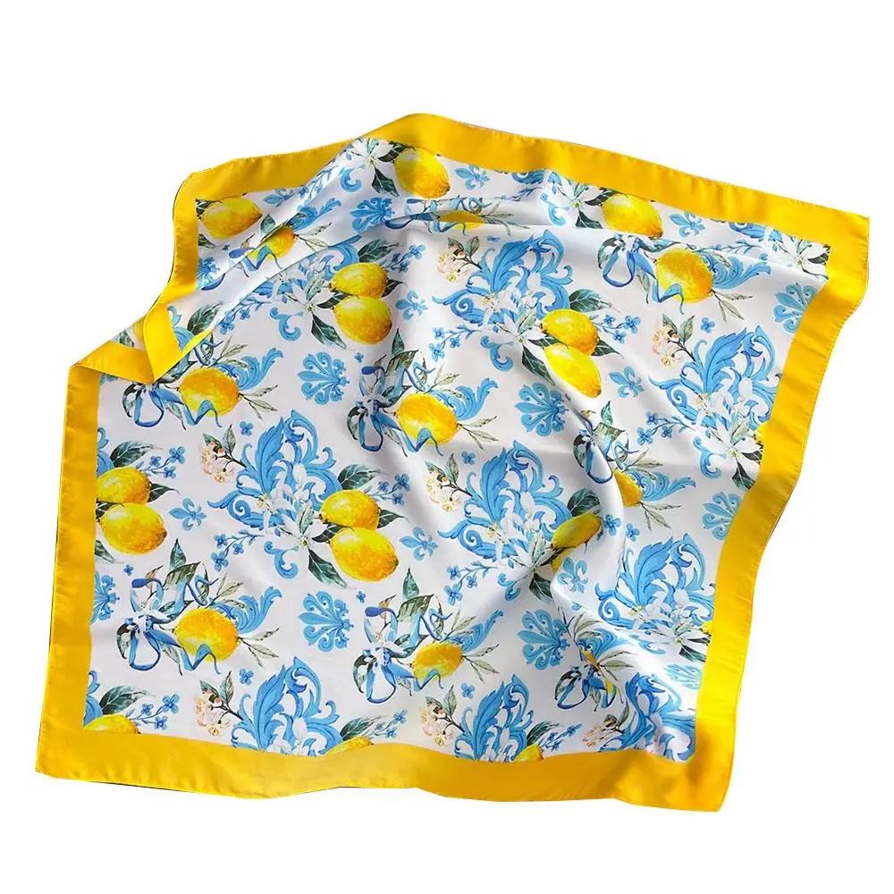 Sonnenschutz Kopftuch Zitronenmuster Kleines quadratisches Tuch Weiches Haarband Hijab Halstuch Satin Krawatte Schals Hot Girl Style