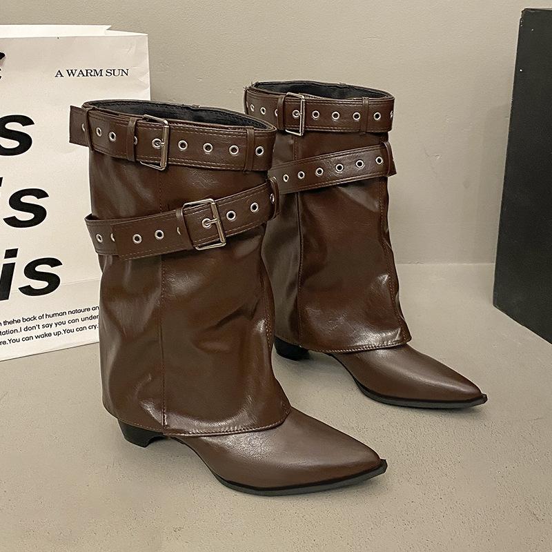 British style pointed head thick high-heeled short boots women's new spring skirt height-increasing and thin trouser boots women's