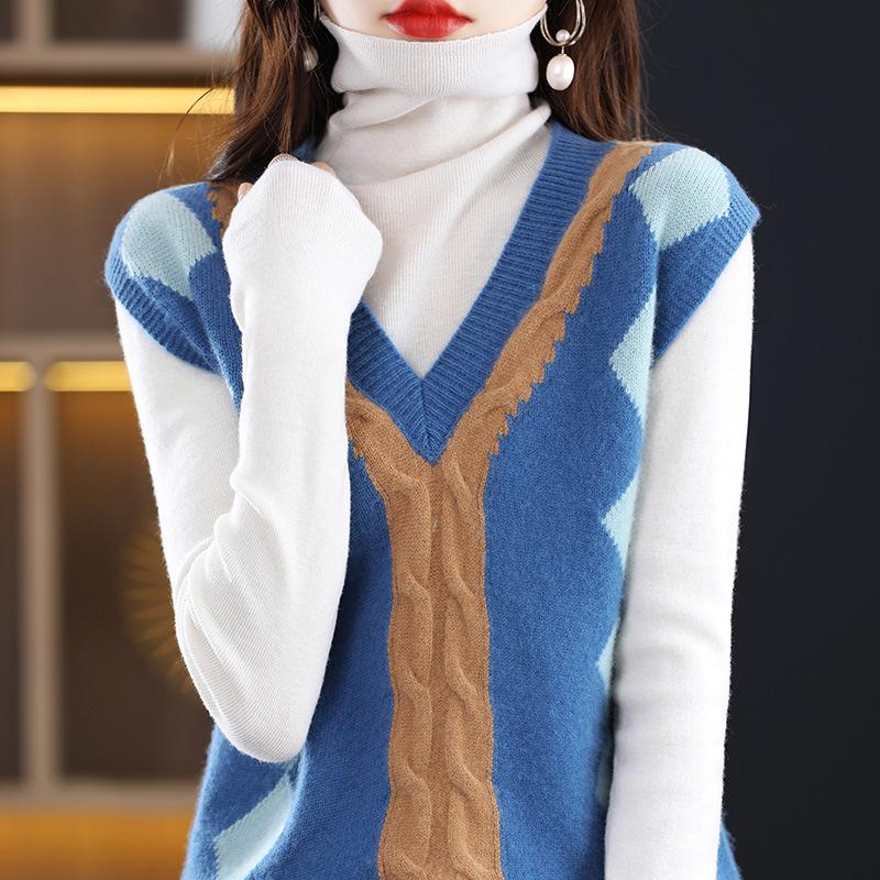 V-Neck Color-Block Loose Layered Women's Vest for Autumn/Winter - Perfect Over Sweaters, Cardigans, Knitwear & Wool Outerwear