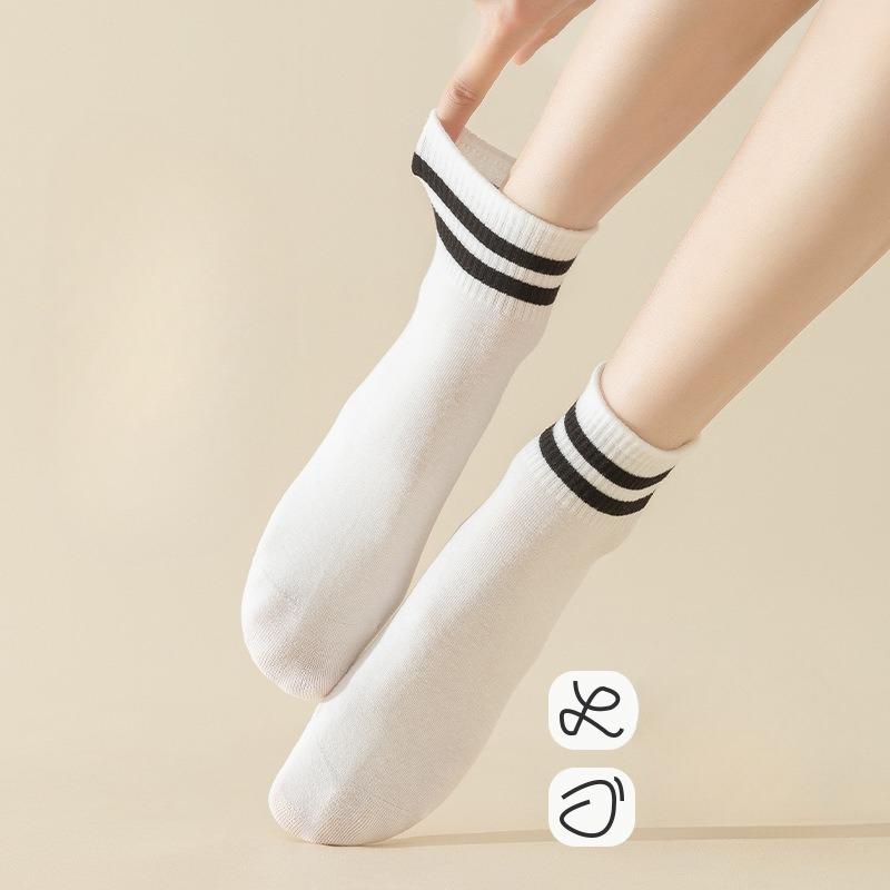 Short Socks, Solid-colored Cotton Socks for Autumn Girls, Women's Double-bar Striped Sweat-absorbing Boneless Sports Socks, Versatile Women's Socks