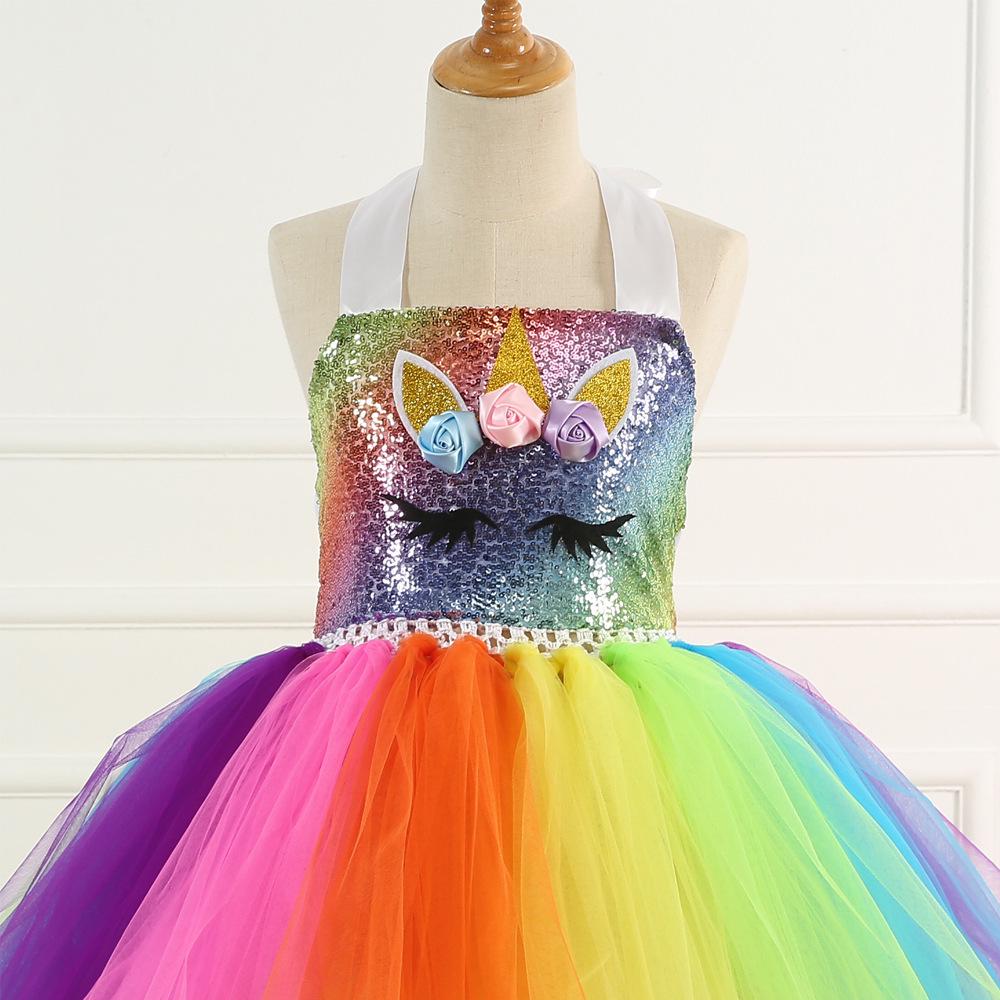 Regenbogen Pailletten Einhorn Kleid mit Flügeln & Kopfschmuck - Europäischer & Amerikanischer Stil 2026 für Mädchen