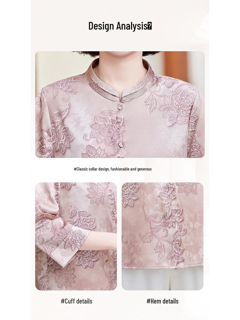 Mom's 2025 New Style Seven-Sleeve Printed Chiffon Blouse for Middle-Aged and Elderly