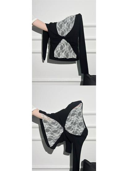 Korean Style Lace Patchwork Pleated Slim Fit Long Sleeve Top for Early Autumn 2025