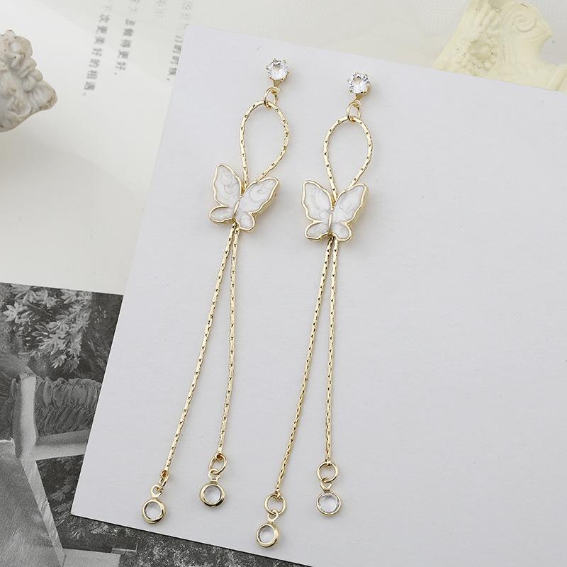 

Korean Style Butterfly Tassel Earrings with Rhinestone Clips - S925 Silver Needle