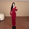 [] Temperament red knitted dress women's autumn slim and thin v-neck hip-wrapped sweater long dress