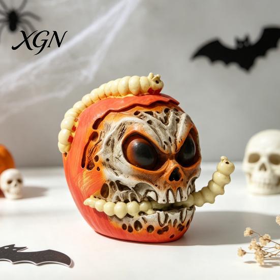Resin Horror Tabletop Props Halloween Skull Apples Statue, Gothic Spooky Decor with Worm, Prop for Party Haunted House, Unique Gift Secret Room