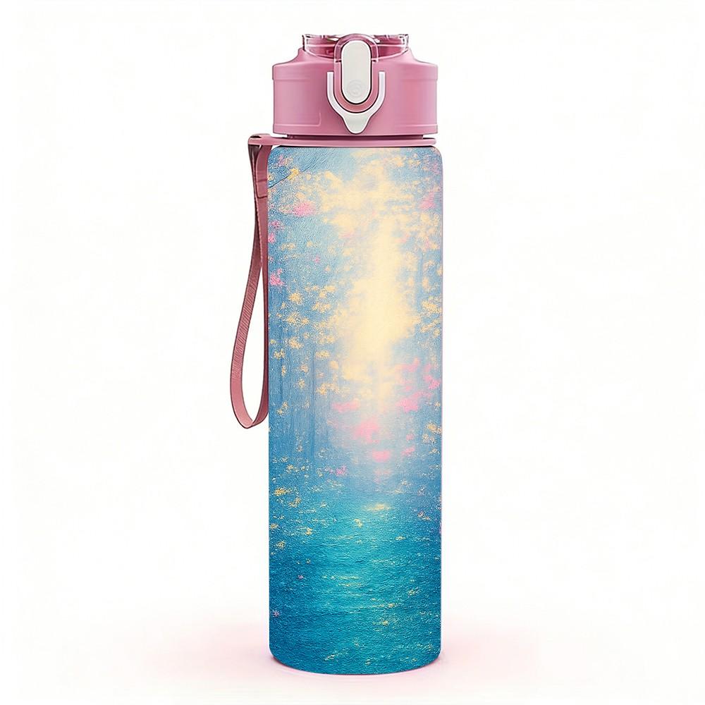1PC Magical Misty Blue Forest Scenery Print 750ml Color Plastic Sports Water Bottle Leakproof Flip Straw Lid Suitable for Sports Office Home Use