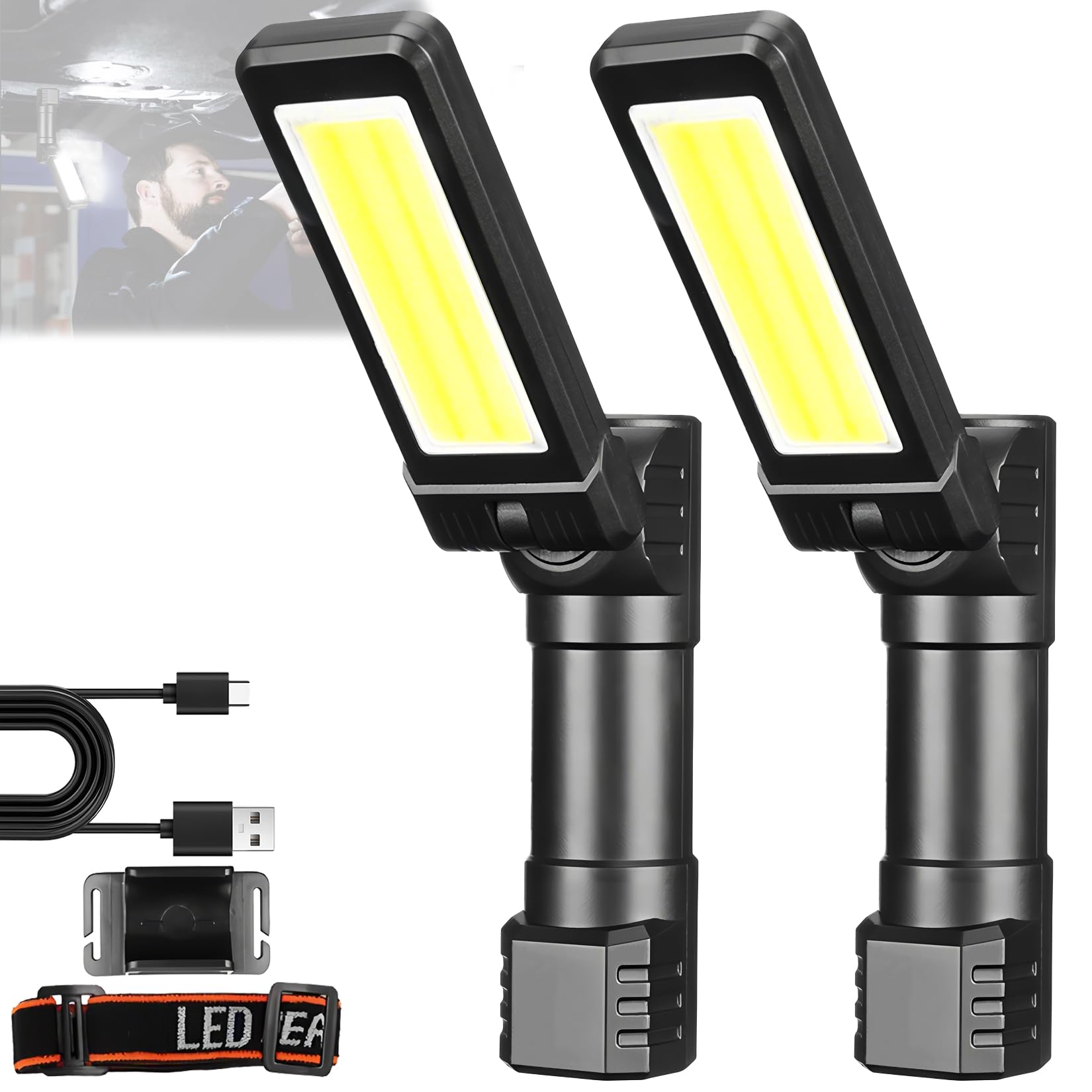 

Светодиодный рабочий фонарь, COB-фонарь (Набор из 2), Компактный, 2-в-1, 1000 лм, Высокая яркость, Складной, Перезаряжаемый по USB, Магнитный, Регулируемый на 180°, 4 режима освещения