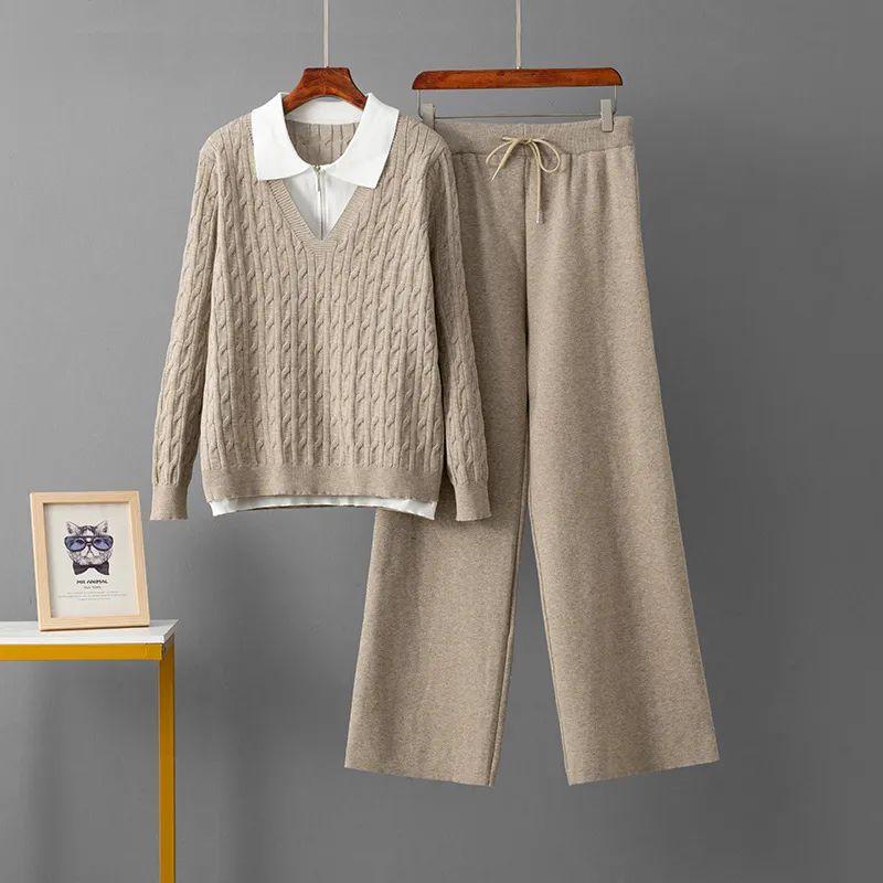 

Cross-Border European and American Leisure Fashion Set Polo Collar Patchwork Twist Wool Top + Loose Straight Pants Two-piece Set Khaki One size