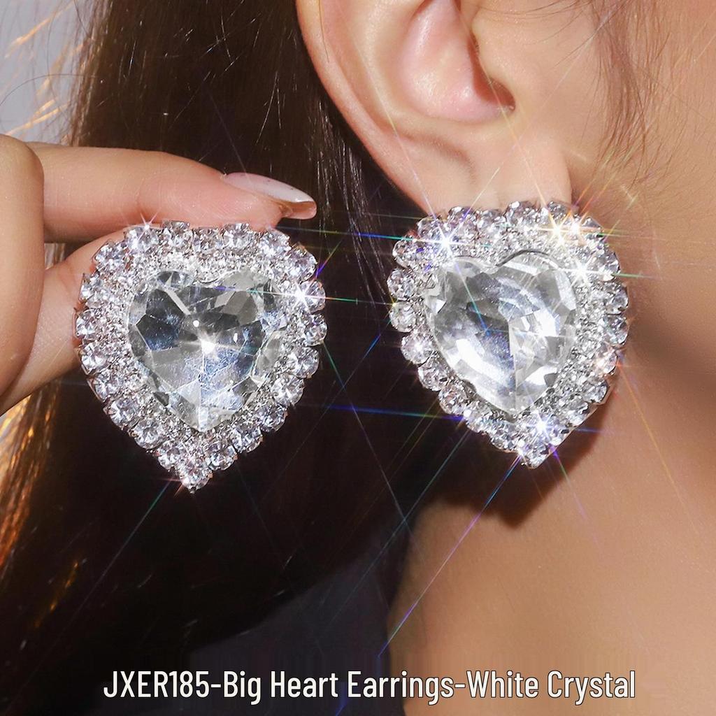 Exaggerated Geometric Heart Crystal Stud Earrings: Pink, Green, Black - Versatile Evening Ear Accessories