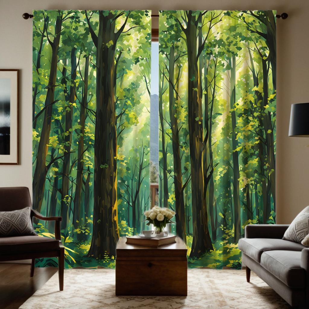 2pcs HD green forest decorative curtain Green digital printed curtain Home decoration style decoration living room bedroom th