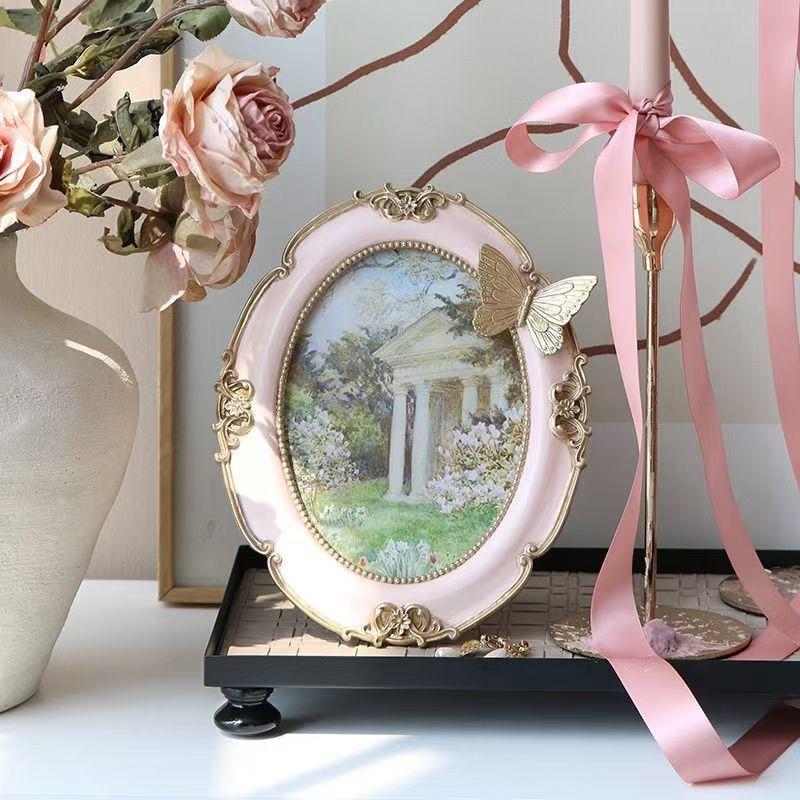 French Vintage Photo Frame 7 Inch, Elegant Luxury Oil Painting Style Butterfly Wall Mount & Tabletop Display for Home Decor Gift