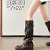 Cowhide version of long boots women's thick-soled heightening niche pleated trouser boots 2025 new mid-tube western knight boots.