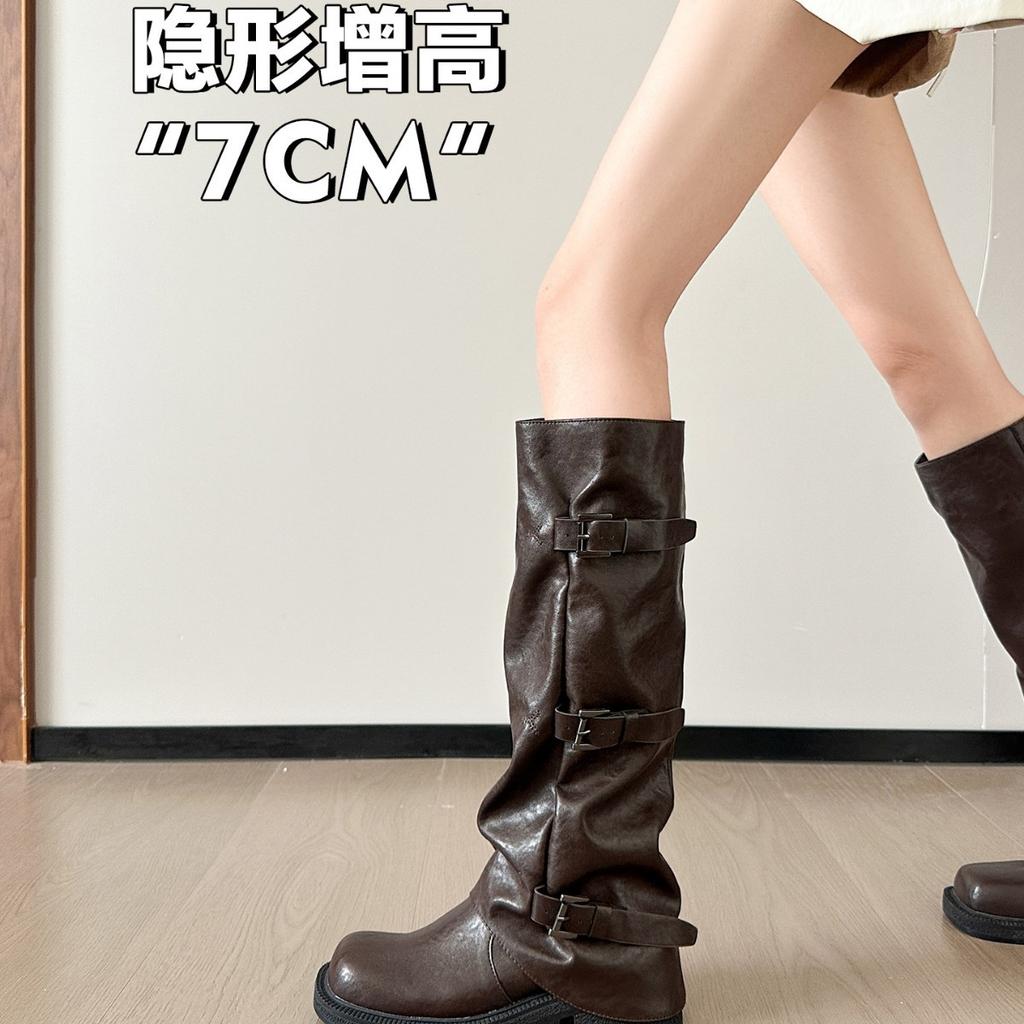 Cowhide version of long boots women's thick-soled heightening niche pleated trouser boots 2025 new mid-tube western knight boots.