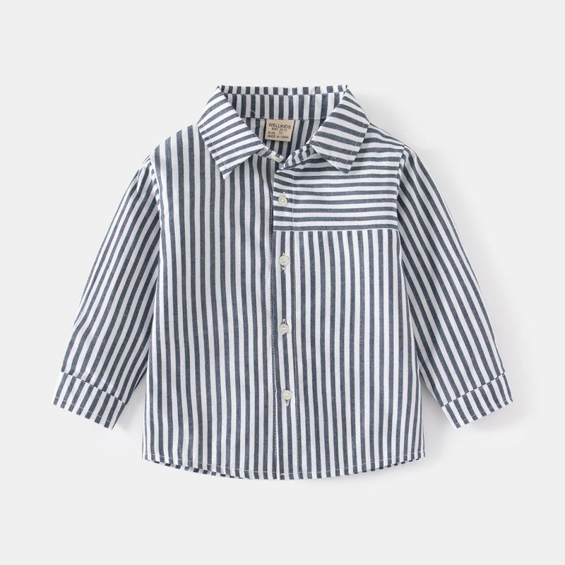 Kids Boys Long Sleeve Striped Embroidery Casual Children Shirt Spring Autumn Top