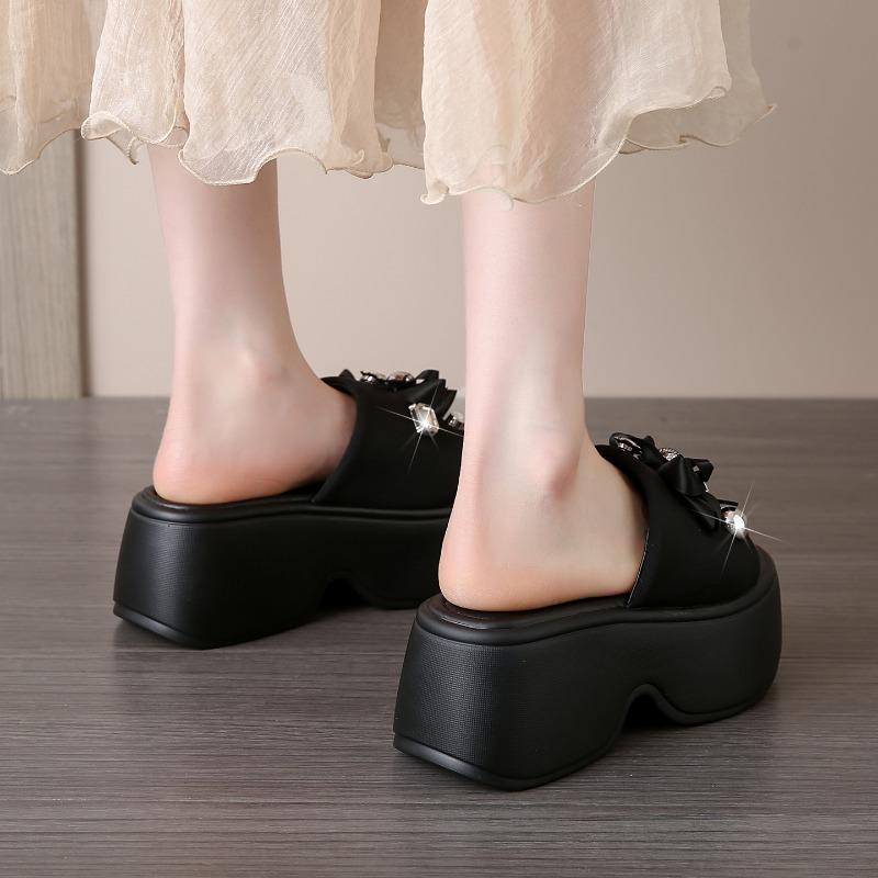Fashion 8CM Women's Crystal Flower Platform Slides Bowtie Sandals Wedge High Heel Summer Crystal Beach Slippers Comfortable Lady Shoes