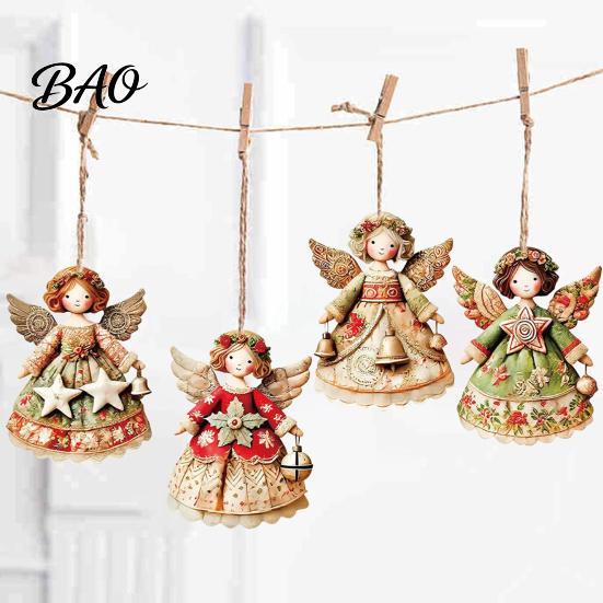 Wooden Angel Ornaments 6Pcs Vintage Ornaments, Christmas Hanging Decor Set Interior Door Frame Decorations with Jute String, Rustic Tree Pendant